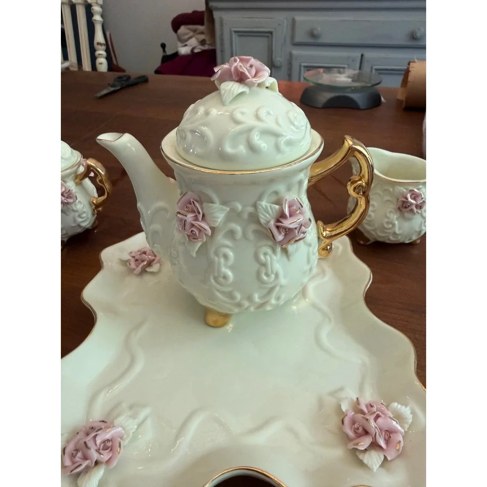 Vintage Porcelain Tea Set Pink 3D Roses Gold Trim Teapot Creamer Sugar Tray